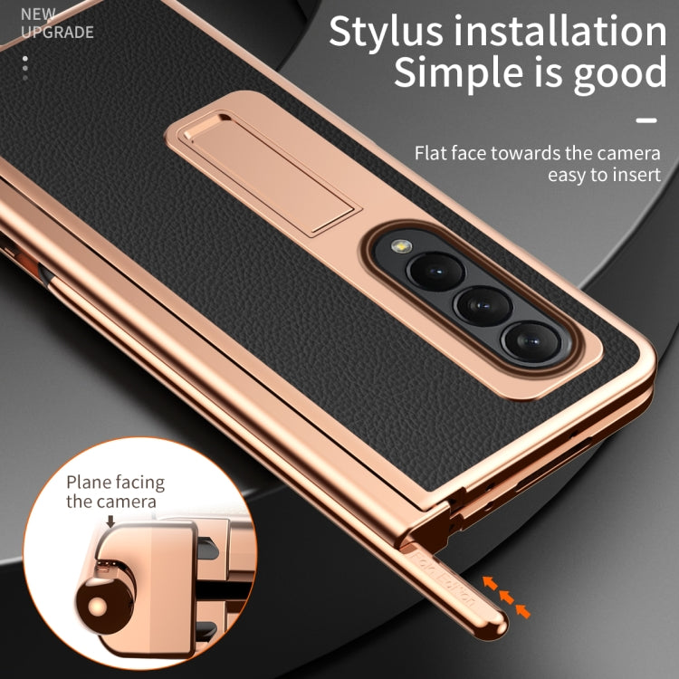 For Samsung Galaxy Z Fold4 Litchi Texture Leather Hinged Electroplated Phone Case with Pen(Black)