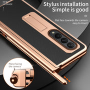 For Samsung Galaxy Z Fold4 Litchi Texture Leather Hinged Electroplated Phone Case with Pen(Black)