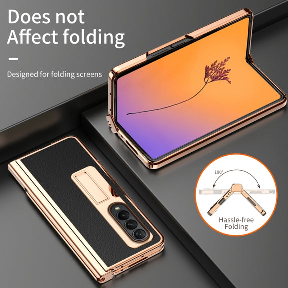 For Samsung Galaxy Z Fold4 Litchi Texture Leather Hinged Electroplated Phone Case with Pen(Black)
