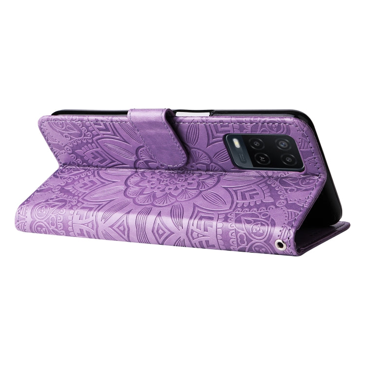For OPPO A54 4G / A16 / A16s / A55 4G Embossed Sunflower Leather Phone Case(Purple)