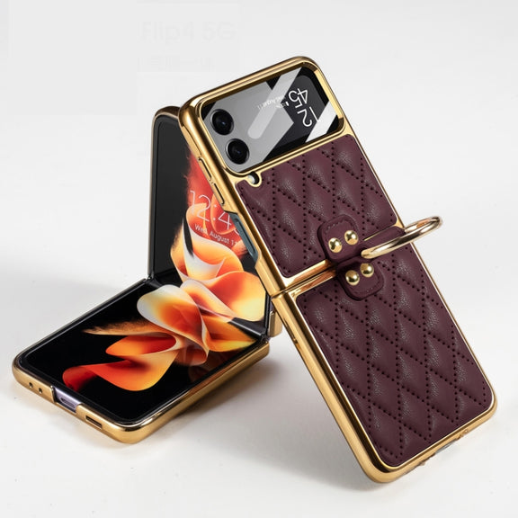 For Samsung Galaxy Z Flip4 GKK Integrated Plating + Leather Phone Case with Ring(Dark Red)