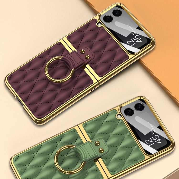 For Samsung Galaxy Z Flip4 GKK Integrated Plating + Leather Phone Case with Ring(Dark Red)