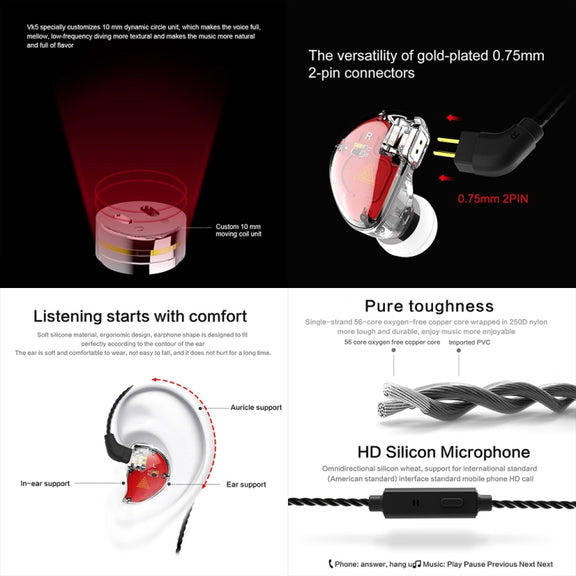 QKZ VK5 In-ear Dynamic Subwoofer Wire-controlled HiFi Sports Earphone with Mic(Black)
