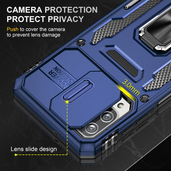 For Samsung Galaxy A12 5G/4G / M12 / F12 Armor PC + TPU Camera Shield Phone Case(Navy Blue)