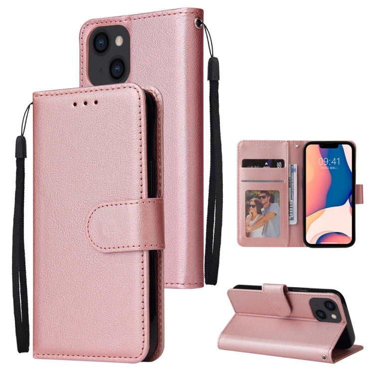 For iPhone 14 Multifunctional Horizontal Flip Leather Case with Three Card Slot (Rose Gold)