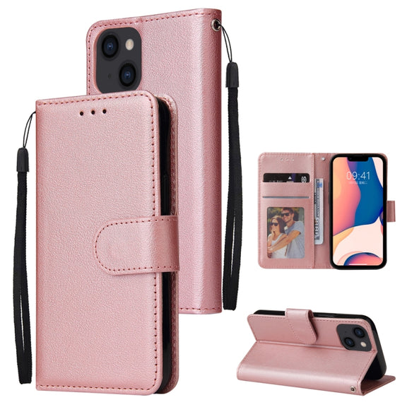 For iPhone 14 Multifunctional Horizontal Flip Leather Case with Three Card Slot (Rose Gold)