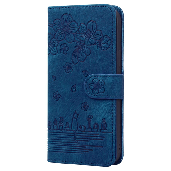 For Samsung Galaxy A22 5G / A22s 5G Cartoon Sakura Cat Embossed Leather Phone Case(Royal Blue)