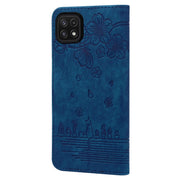 For Samsung Galaxy A22 5G / A22s 5G Cartoon Sakura Cat Embossed Leather Phone Case(Royal Blue)