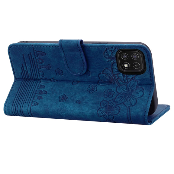 For Samsung Galaxy A22 5G / A22s 5G Cartoon Sakura Cat Embossed Leather Phone Case(Royal Blue)
