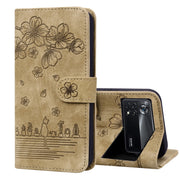 For Xiaomi Poco M4 Pro 4G Global Cartoon Sakura Cat Embossed Leather Phone Case(Brown)