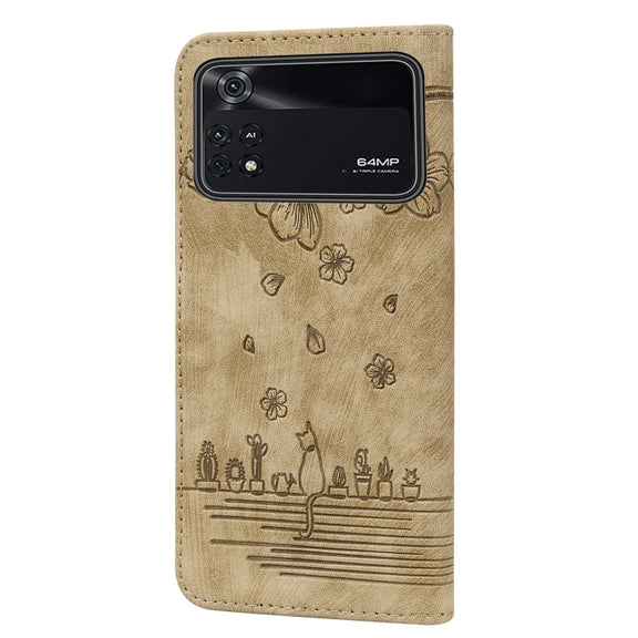For Xiaomi Poco M4 Pro 4G Global Cartoon Sakura Cat Embossed Leather Phone Case(Brown)