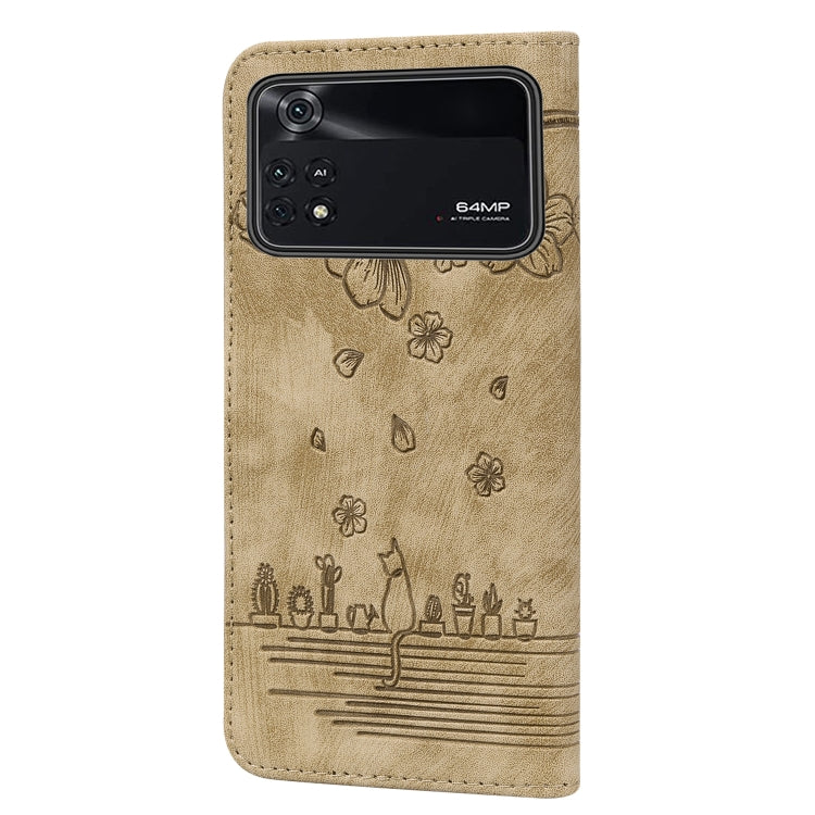 For Xiaomi Poco M4 Pro 4G Global Cartoon Sakura Cat Embossed Leather Phone Case(Brown)