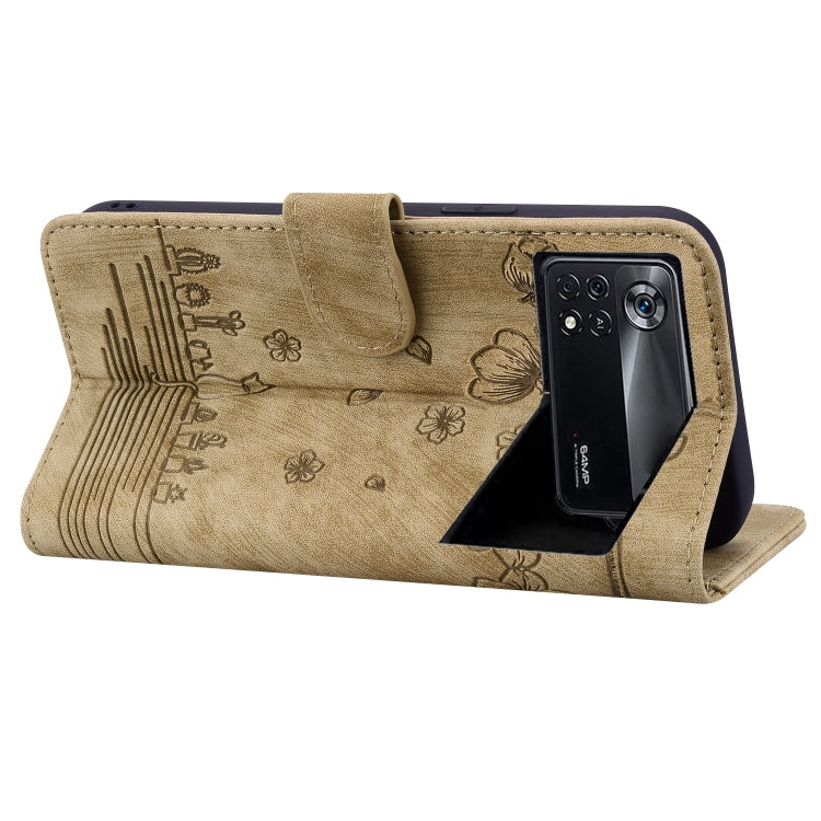 For Xiaomi Poco M4 Pro 4G Global Cartoon Sakura Cat Embossed Leather Phone Case(Brown)