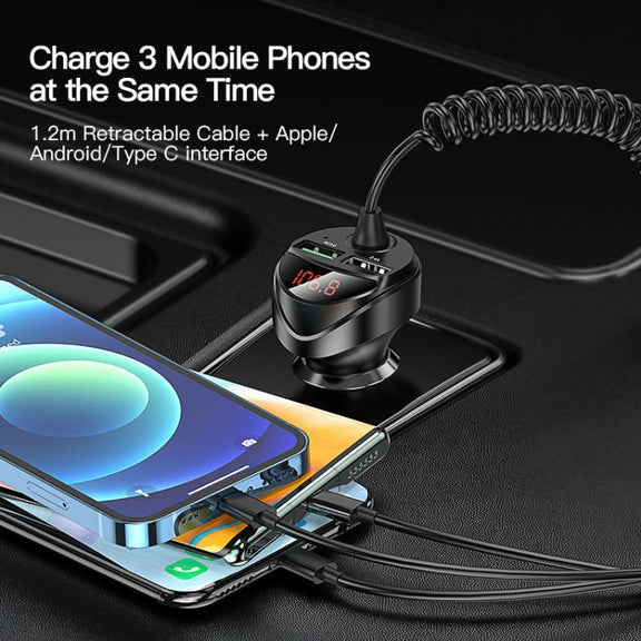 C68 LED Digital Display QC3.0 Fast Car Charger 3 in 1 with Spring Cable(Black)