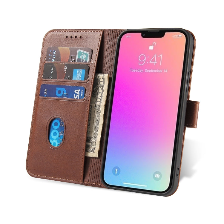 For iPhone 14 Plus Calf Texture Buckle Flip Leather Phone Case (Brown)
