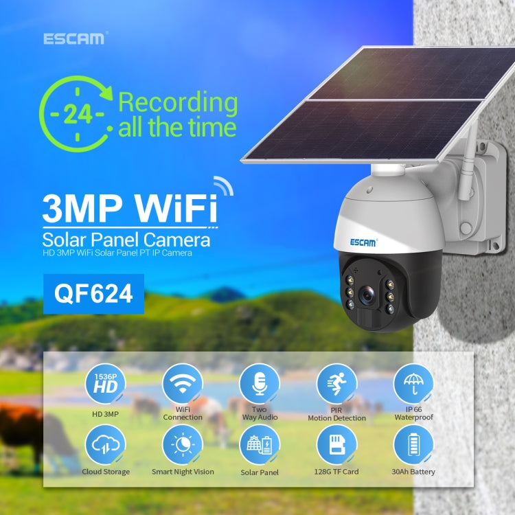 ESCAM QF624 3MP HD IP66 Water-resistant WiFi Solar Panel PT IP Camera without Battery