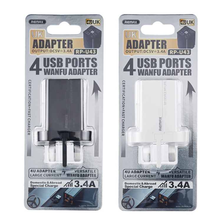 REMAX RP-U43 3.4A 4 USB Port Fast Charger, Specification:UK Plug(White)