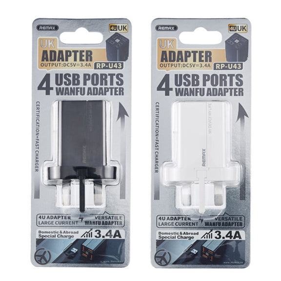 REMAX RP-U43 3.4A 4 USB Port Fast Charger, Specification:UK Plug(White)