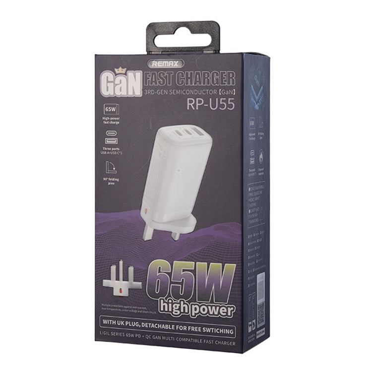 REMAX RP-U55 Territory Series 65W USB+Dual USB-C / Type-C Interface Fast Charger, Specification:UK Plug(White)