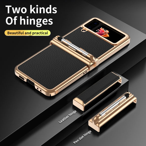 For Samsung Galaxy Z Flip3 5G Litchi Texture Leather Hinged Electroplated Phone Case with Pen(Black Gold)