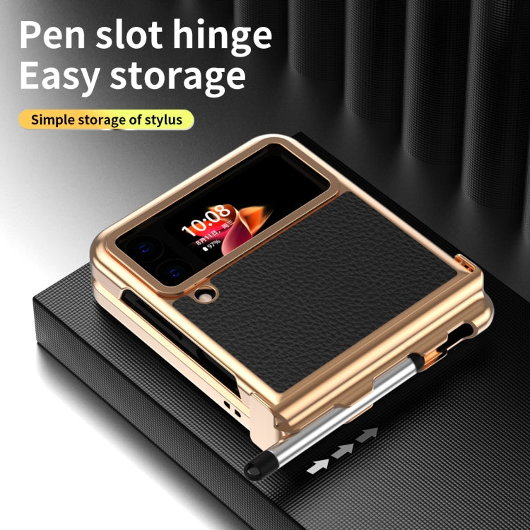 For Samsung Galaxy Z Flip3 5G Litchi Texture Leather Hinged Electroplated Phone Case with Pen(Black Gold)