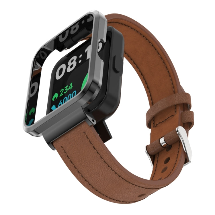 For Xiaomi Redmi Watch 2 Genuine Leather Metal Case Integrated Watch Band(Brown)