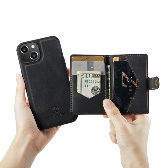 For iPhone 14 JEEHOOD Retro Magnetic Detachable Leather Phone Case (Black)