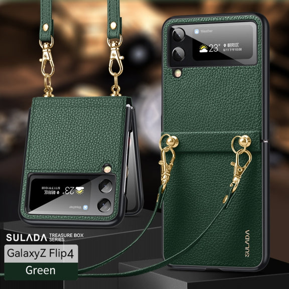 For Samsung Galaxy Z Flip4 SULADA Litchi Texture Leather + TPU Phone Case with Strap(Green)