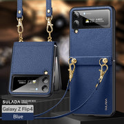 For Samsung Galaxy Z Flip4 SULADA Litchi Texture Leather + TPU Phone Case with Strap(Blue)