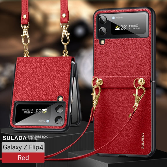 For Samsung Galaxy Z Flip4 SULADA Litchi Texture Leather + TPU Phone Case with Strap(Red)