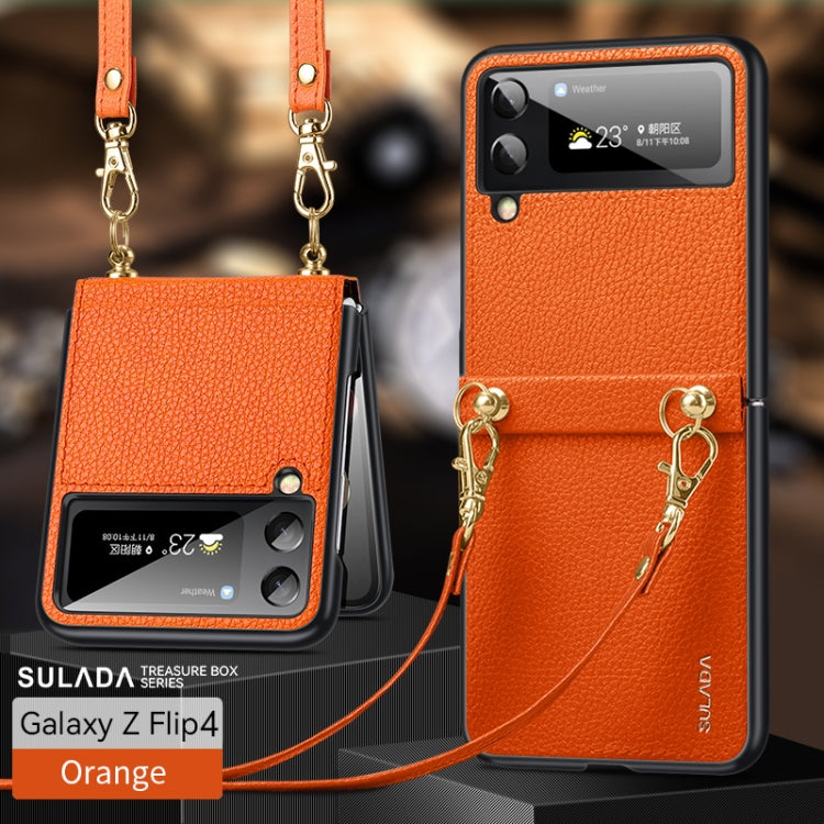 For Samsung Galaxy Z Flip4 SULADA Litchi Texture Leather + TPU Phone Case with Strap(Orange)