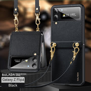 For Samsung Galaxy Z Flip4 SULADA Litchi Texture Leather + TPU Phone Case with Strap(Black)