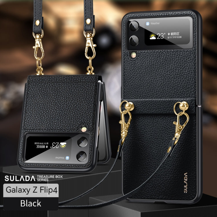 For Samsung Galaxy Z Flip4 SULADA Litchi Texture Leather + TPU Phone Case with Strap(Black)