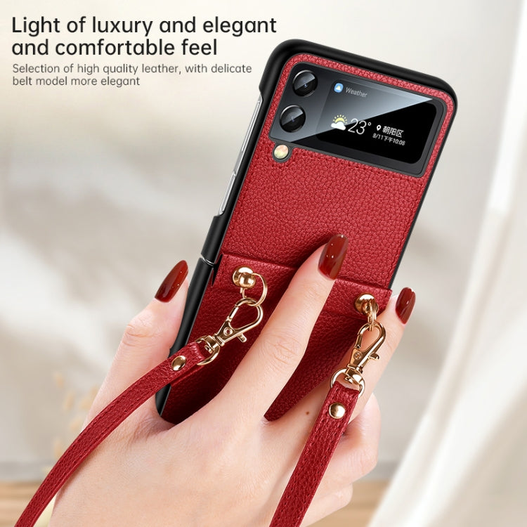 For Samsung Galaxy Z Flip4 SULADA Litchi Texture Leather + TPU Phone Case with Strap(Red)