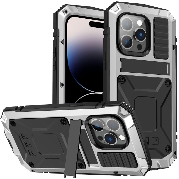 For iPhone 14 Pro Max R-JUST Shockproof Water-resistant Dust-proof Case with Holder (Silver)