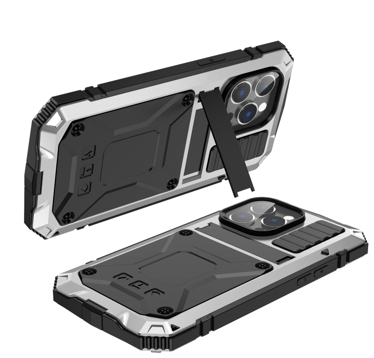 For iPhone 14 Pro Max R-JUST Shockproof Water-resistant Dust-proof Case with Holder (Silver)