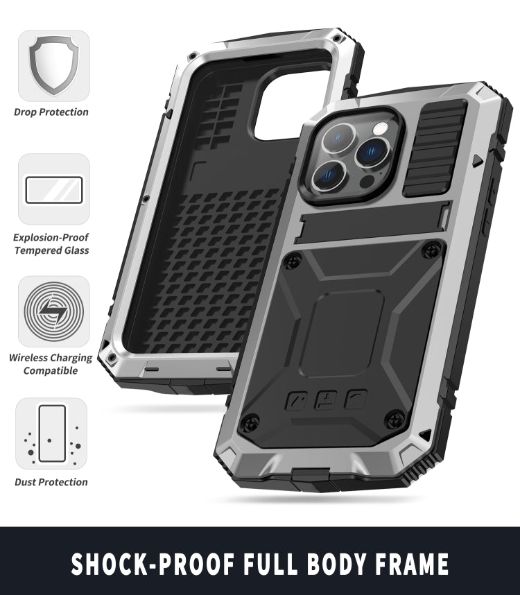 For iPhone 14 Pro Max R-JUST Shockproof Water-resistant Dust-proof Case with Holder (Silver)