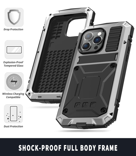 For iPhone 14 Pro Max R-JUST Shockproof Water-resistant Dust-proof Case with Holder (Silver)