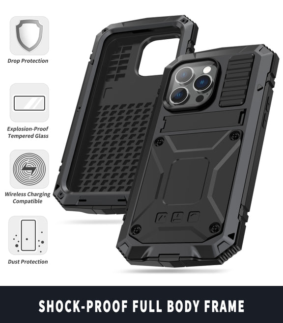 For iPhone 14 Pro Max R-JUST Shockproof Water-resistant Dust-proof Case with Holder (Black)