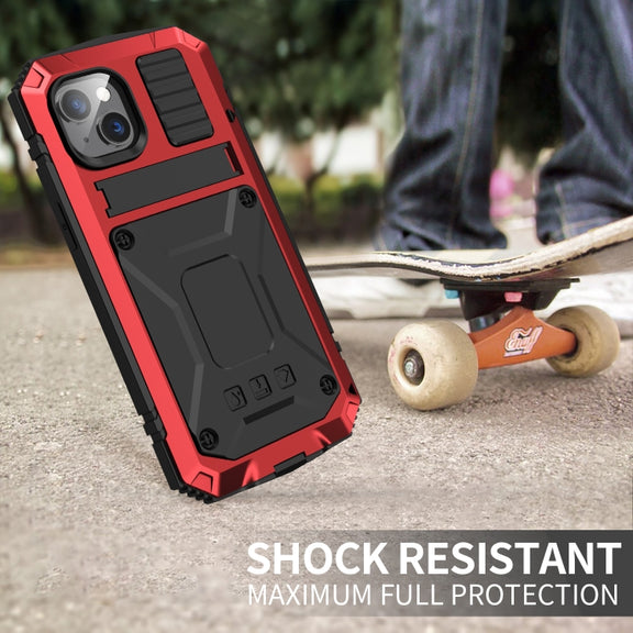 For iPhone 14 R-JUST Shockproof Water-resistant Dust-proof Case with Holder (Red)