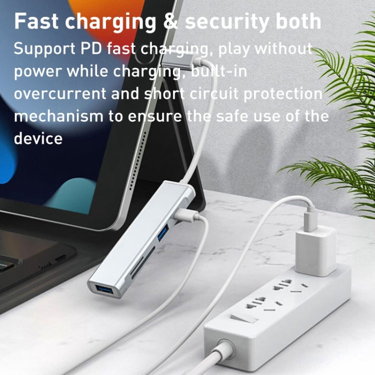 5 in 1 8 Pin to SD / TF Card Slot + 3 USB Ports Multifunctional Docking Station HUB(Silver)
