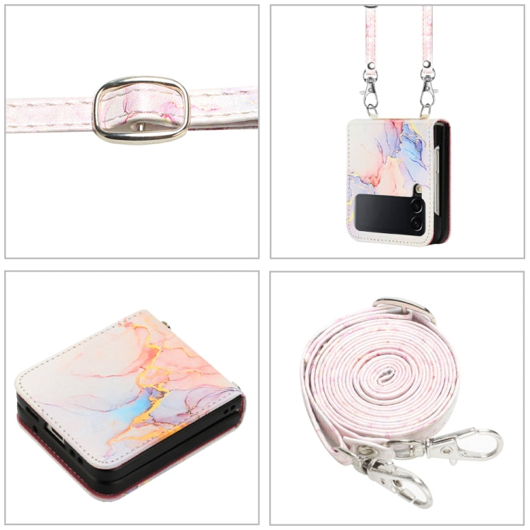 For Samsung Galaxy Z Flip4 Crossbody Marble Pattern Leather Phone Case(Galaxy Marble White LS004)