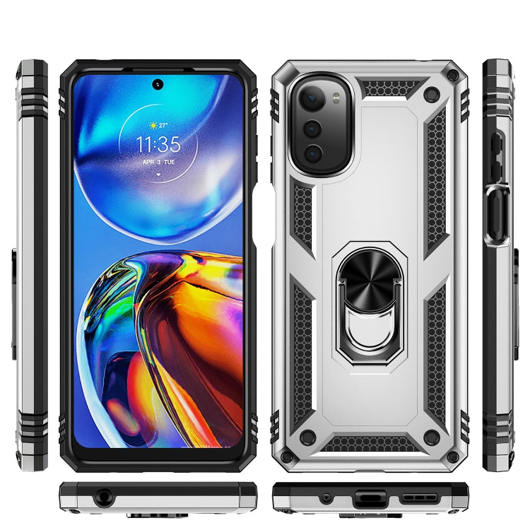 For Motorola Moto E32 4G Shockproof TPU + PC Phone Case with 360 Degree Rotating Holder(Silver)