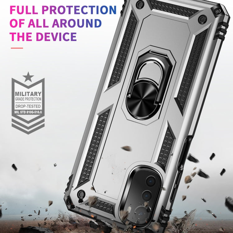 For Motorola Moto E32 4G Shockproof TPU + PC Phone Case with 360 Degree Rotating Holder(Silver)