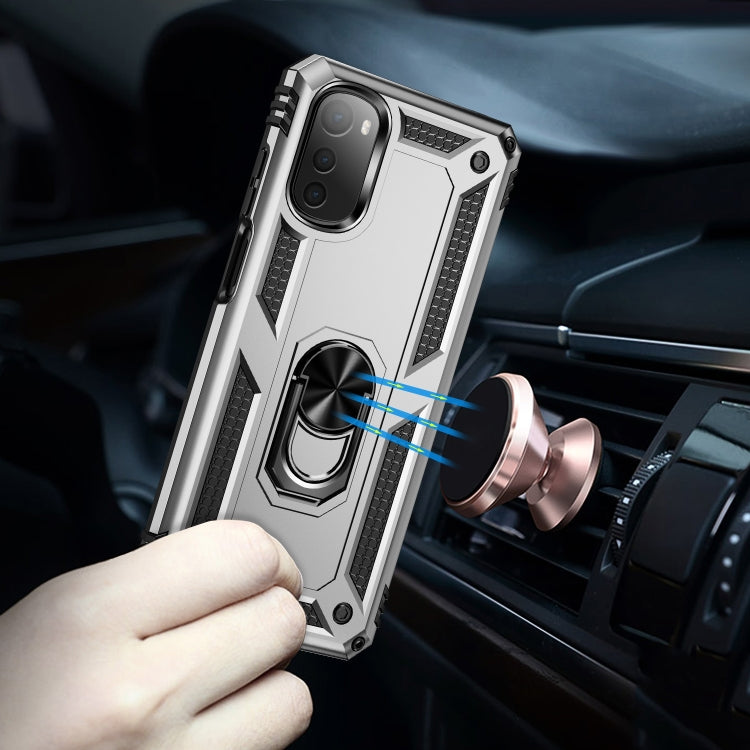 For Motorola Moto E32 4G Shockproof TPU + PC Phone Case with 360 Degree Rotating Holder(Silver)