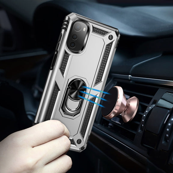 For Motorola Moto E32 4G Shockproof TPU + PC Phone Case with 360 Degree Rotating Holder(Silver)