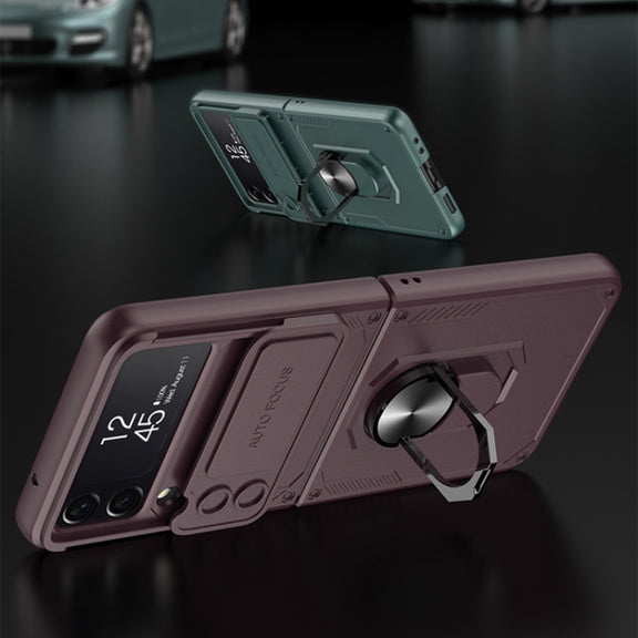 For Samsung Galaxy Z Flip4 GKK Carbon Brazing Pattern Shockproof Armor PC Phone Case with Ring Holder(Green)