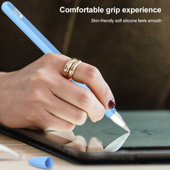 3 in 1 Striped Liquid Silicone Stylus Case with Two Tip Caps For Apple Pencil 1(Sky Blue)