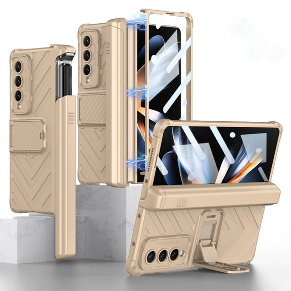 For Samsung Galaxy Z Fold4 GKK Integrated Magnetic Armor Flip Phone Case With Pen Box(Champagne Gold)