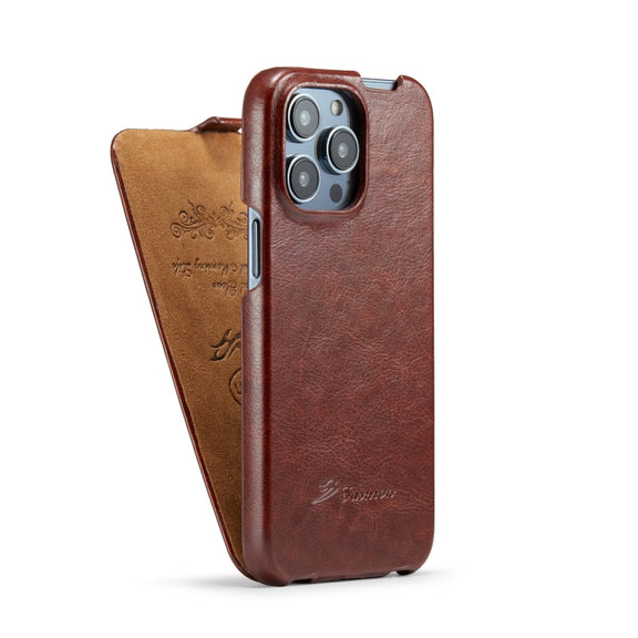 For iPhone 14 Pro Max Fierre Shann Oil Wax Texture Vertical Flip PU Phone Case (Brown)